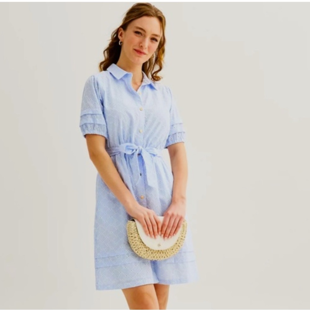 NWT Draper James Eyelet cotton button up puff sleeve shirt dress XXL blue/w